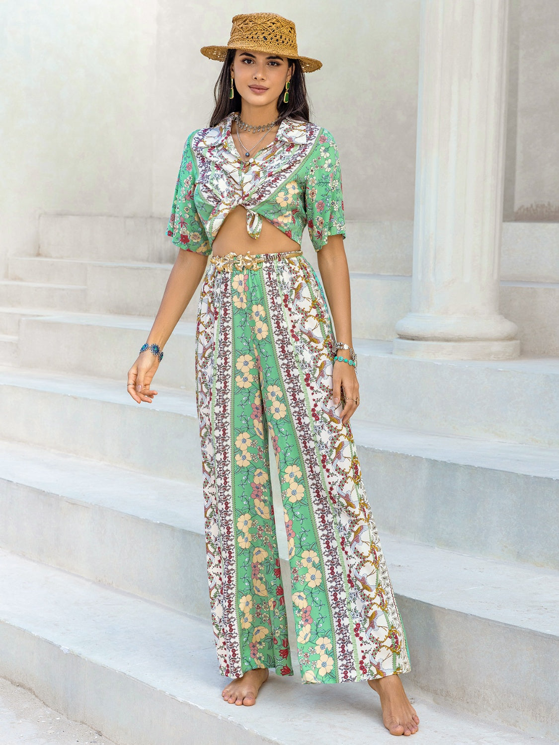 Printed Half Sleeve Top and Wide Leg Pants Set - Charming Charlie