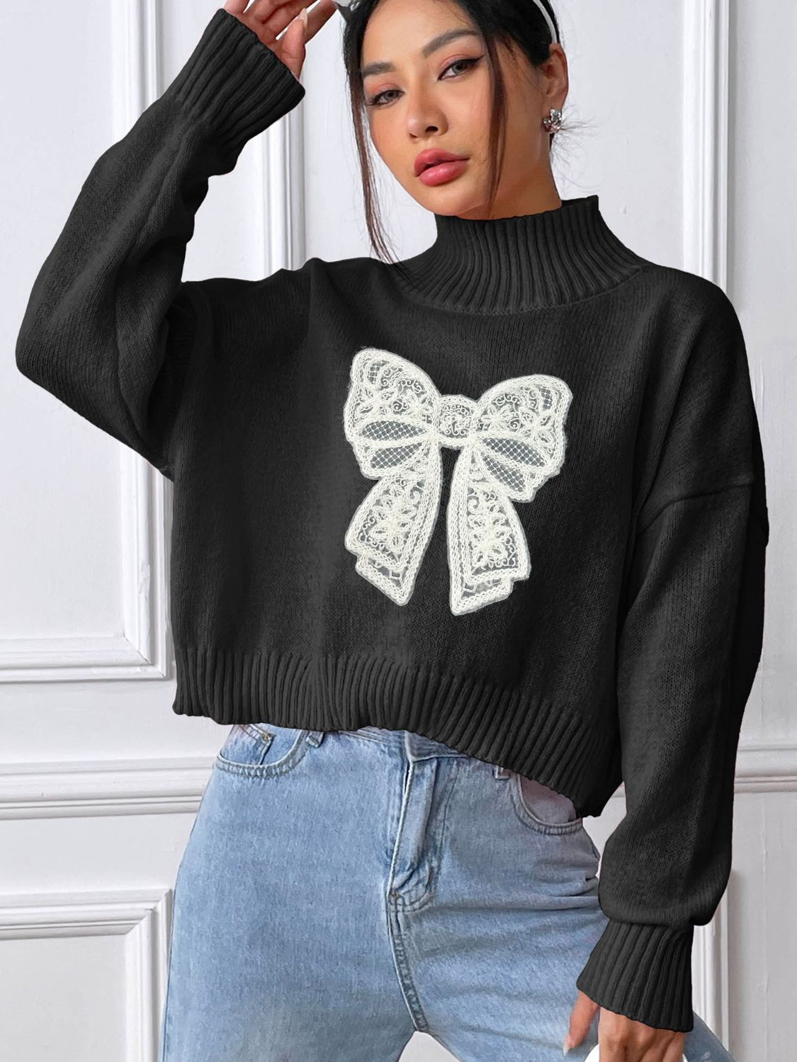 Bow Turtleneck Long Sleeve Sweater - Charming Charlie
