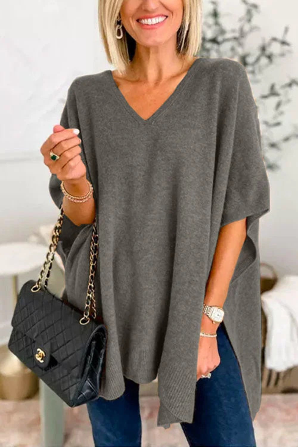 Slit V-Neck Half Sleeve Knit Top - Charming Charlie
