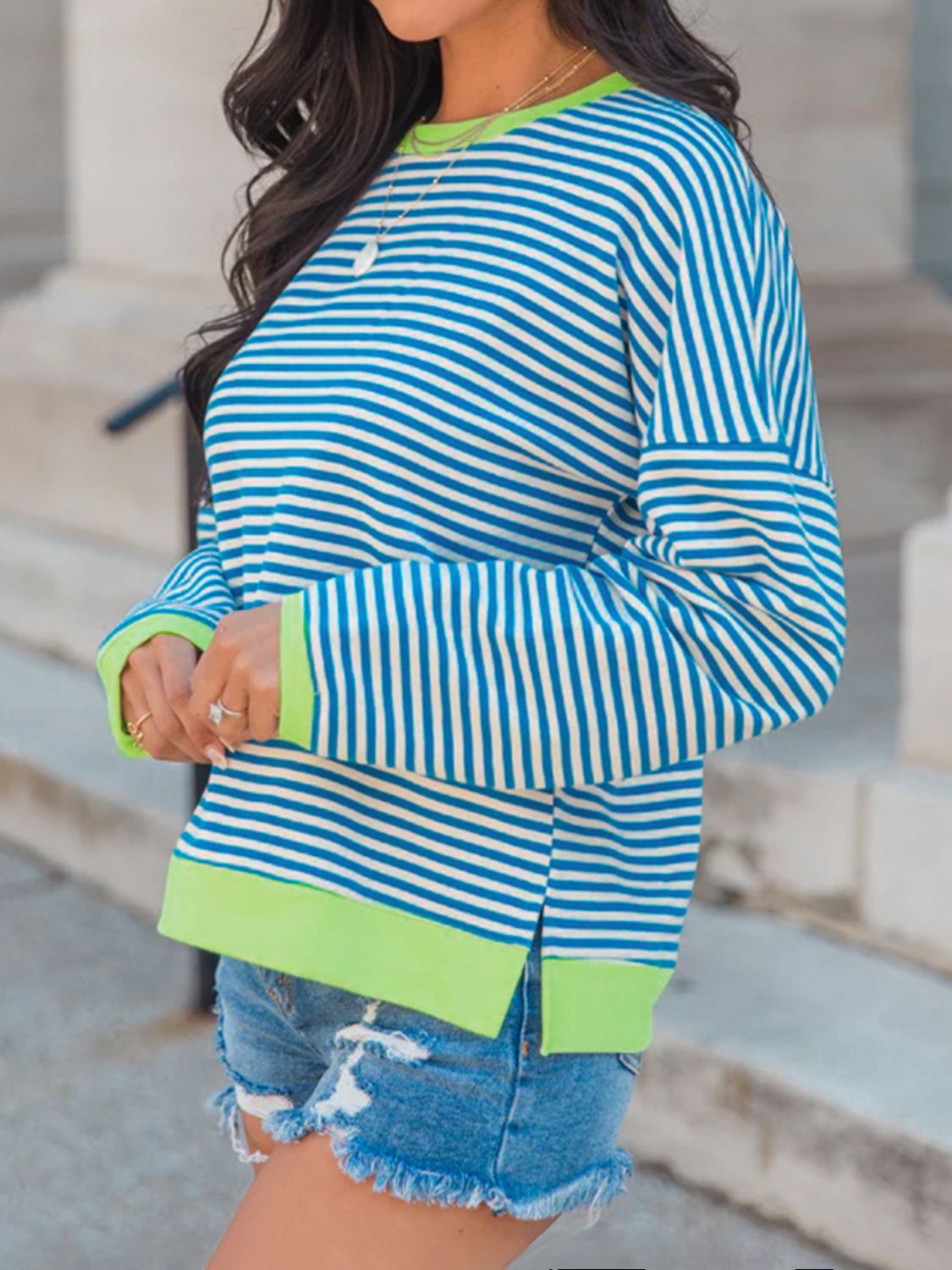 Perfee Striped Round Neck Long Sleeve Sweatshirt - Charming Charlie