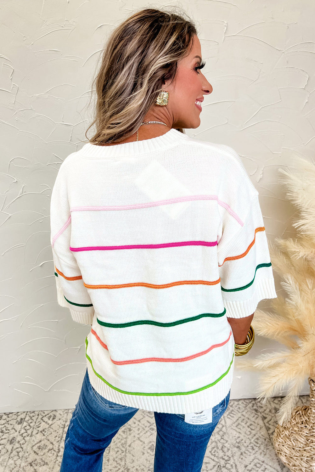 Striped Half Sleeve Drop Shoulder Sweater - Charming Charlie