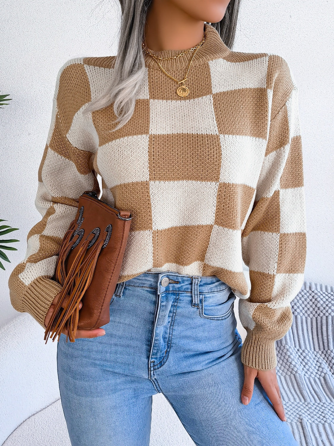 Checkered Mock Neck Long Sleeve Sweater - Charming Charlie