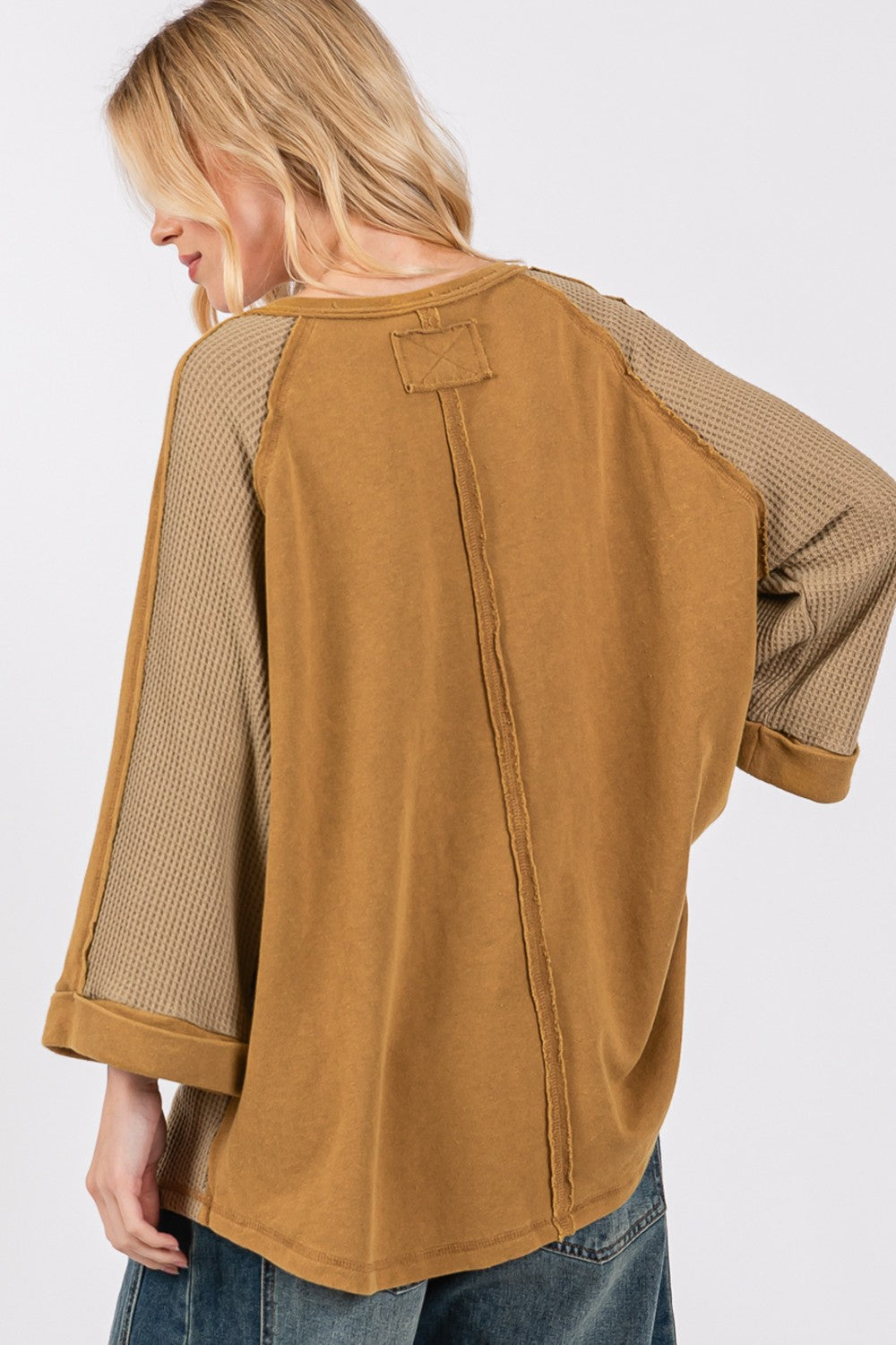 SAGE + FIG Star Applique Patch Exposed Seam Waffle Knit Top - Charming Charlie
