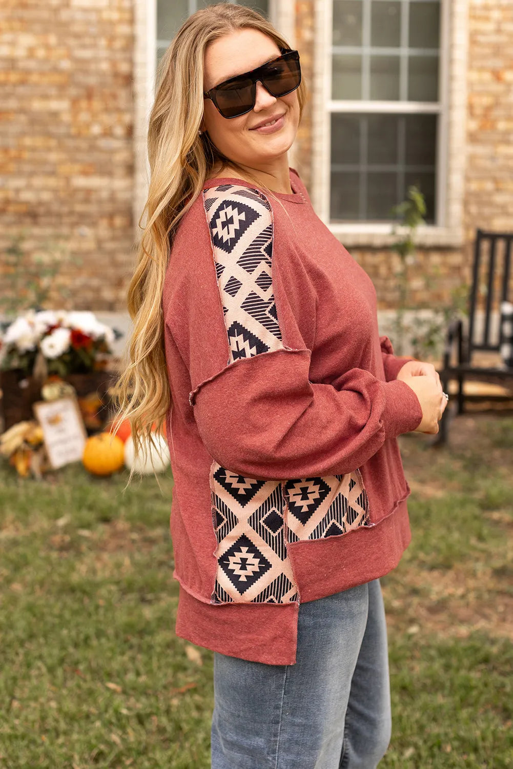 Plus Size Geometric Round Neck Long Sleeve Sweatshirt - Charming Charlie