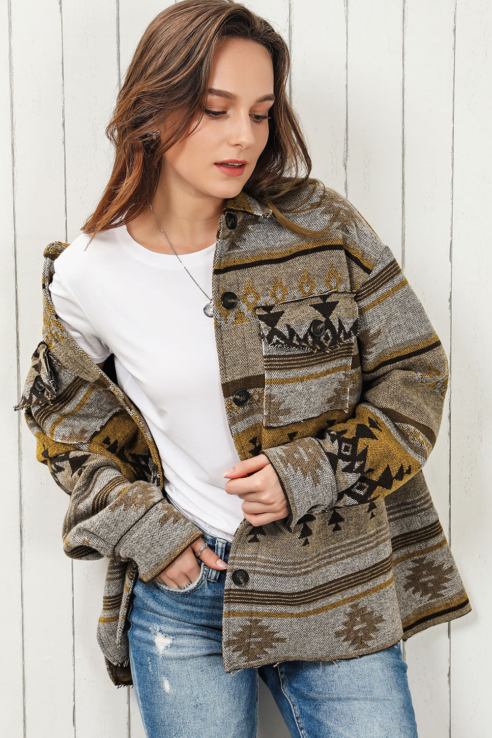 Pocketed Geometric Collared Neck Jacket - Charming Charlie