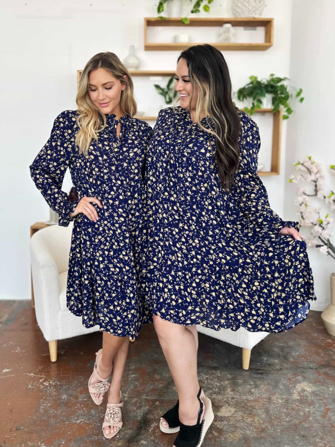 Double Take Full Size Printed Ruffle Hem Long Sleeve Tiered Dress - Charming Charlie