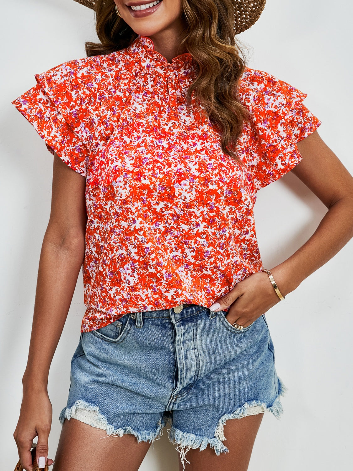 Ditsy Floral Mock Neck Flounce Sleeve Blouse - Charming Charlie