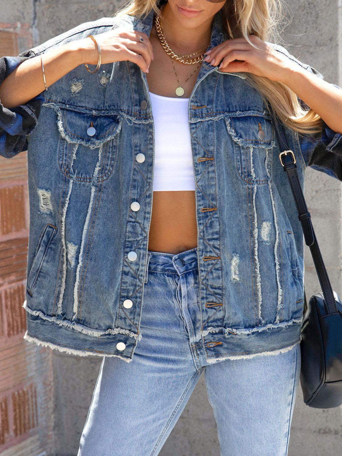 Raw Hem Plaid Sleeve Denim Jacket - Charming Charlie