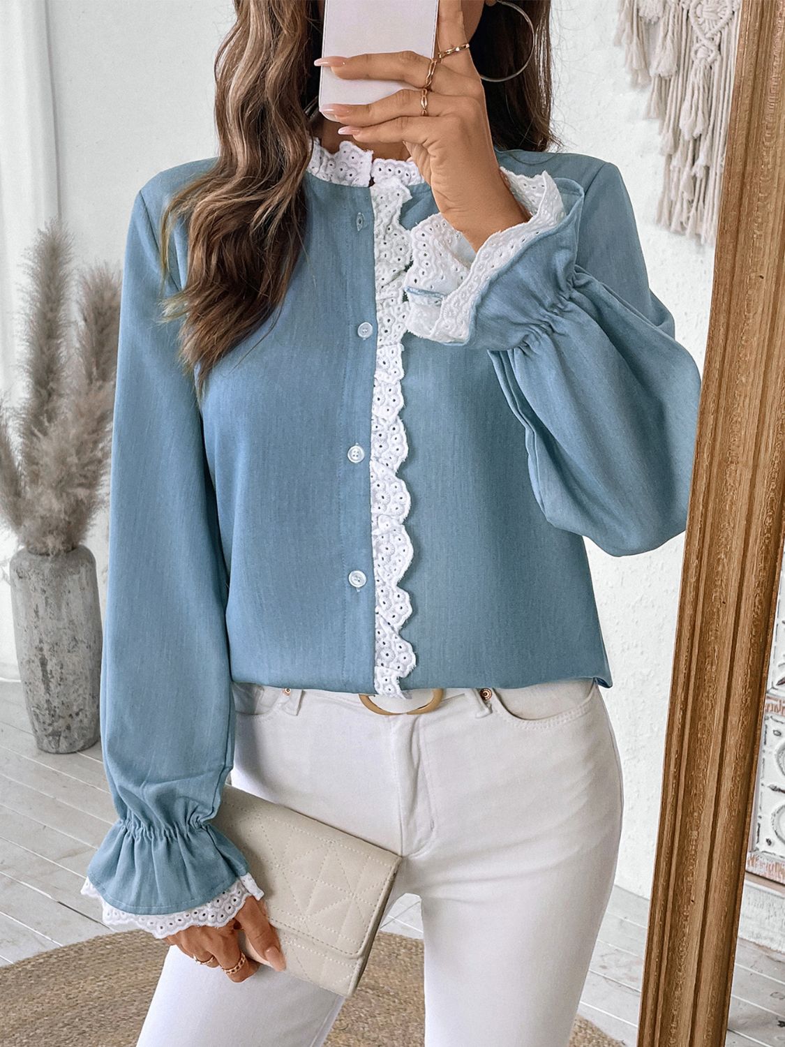 Perfee Lace Detail Button Down Long Sleeve Shirt - Charming Charlie