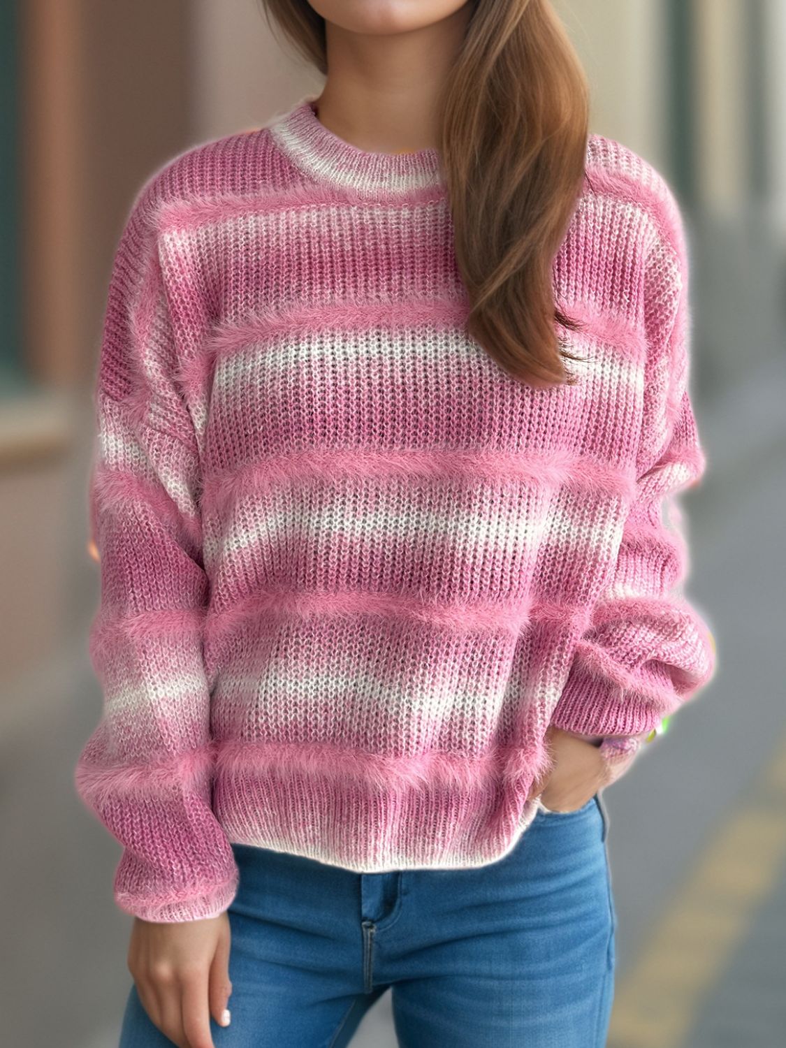 Gradient Round Neck Dropped Shoulder Sweater - Charming Charlie