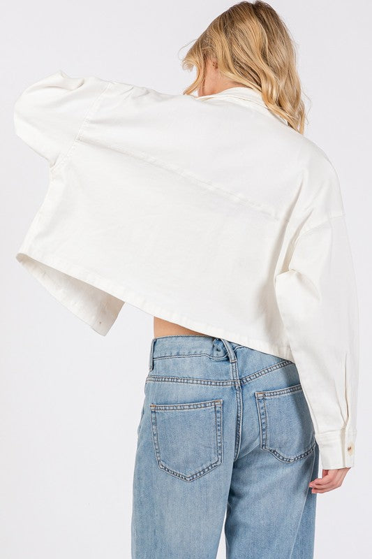 bytos Button Down Cropped Denim Jacket with Patch Pockets - Charming Charlie