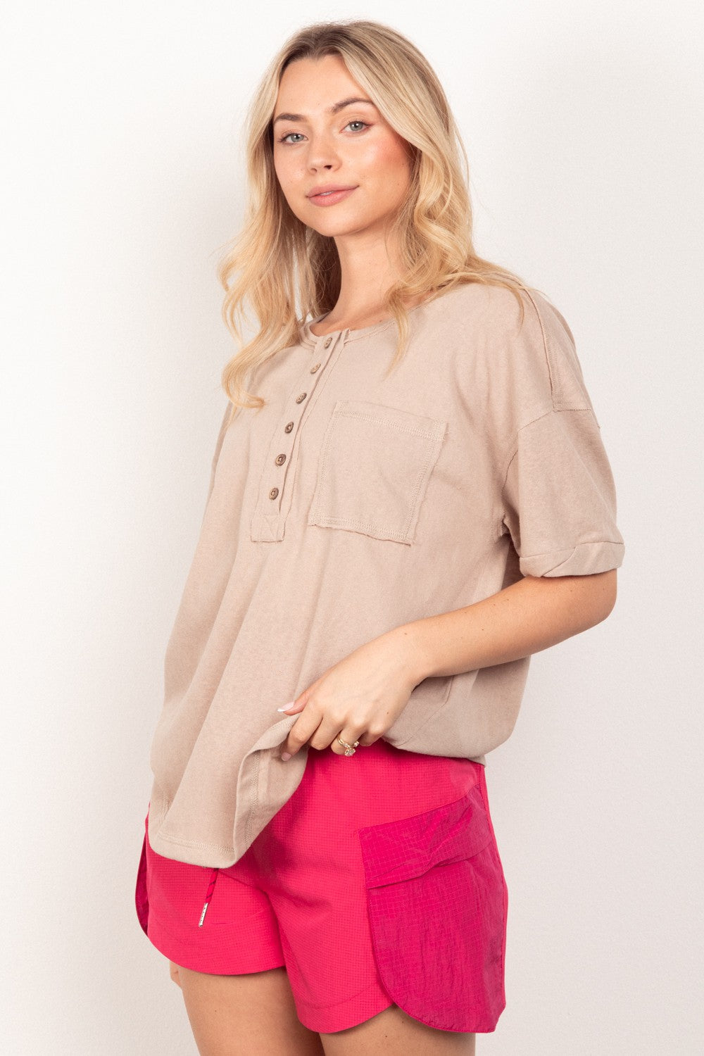 VERY J Twisted Sleeve Band Half Button Top - Charming Charlie