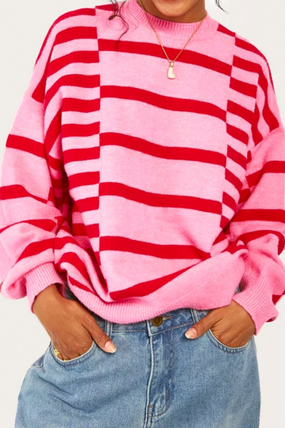 Striped Round Neck Dropped Shoulder Sweater - Charming Charlie