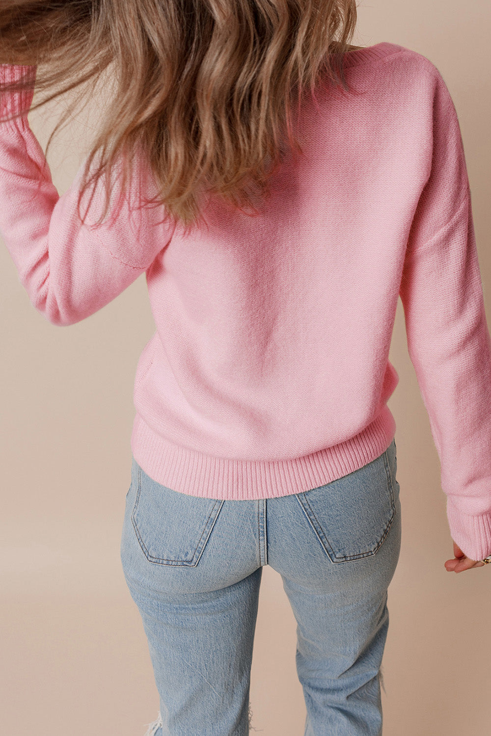 Crochet Flower Round Neck Dropped Shoulder Sweater - Charming Charlie