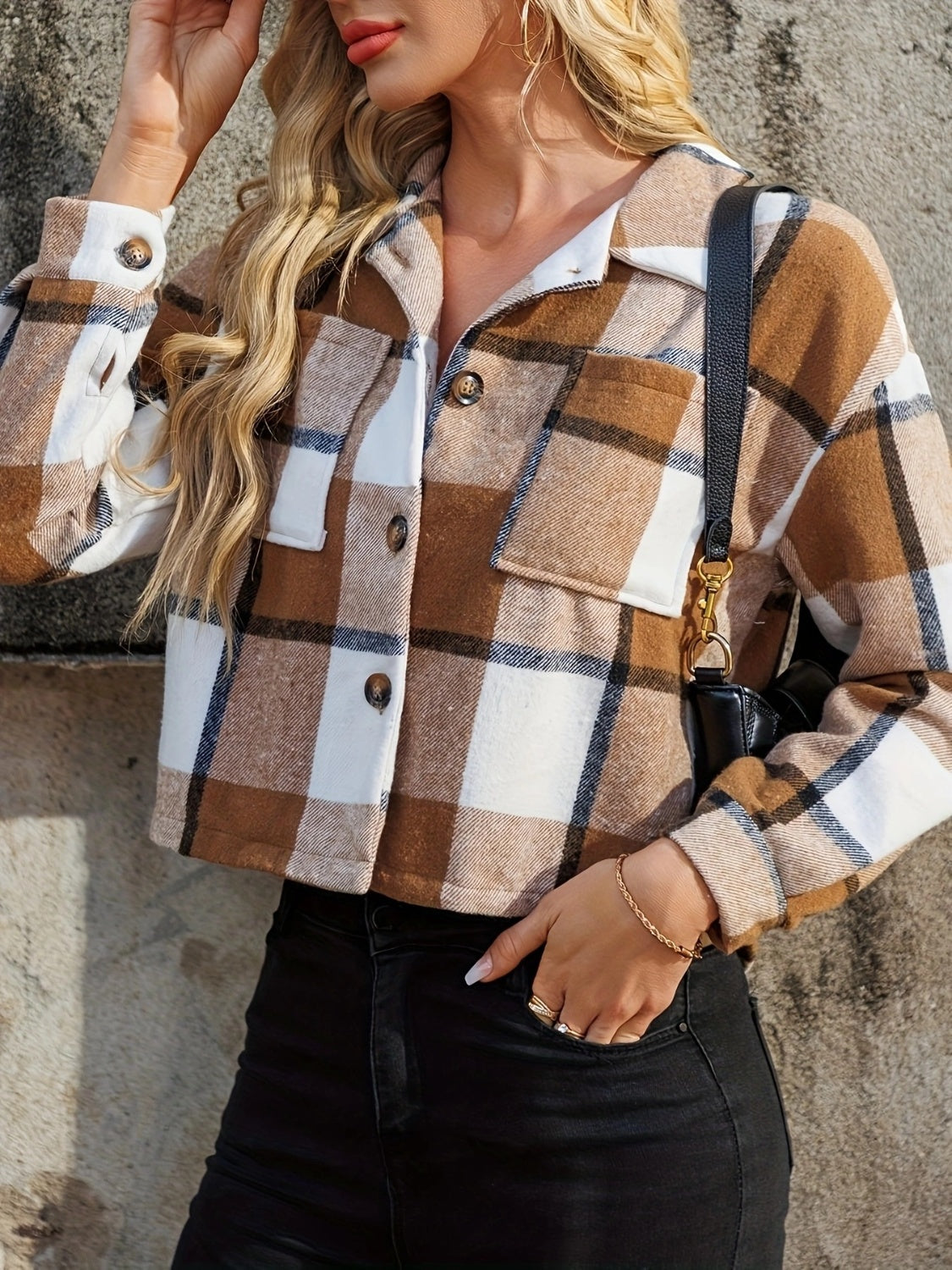 Plaid Collared Neck Cropped Jacket - Charming Charlie