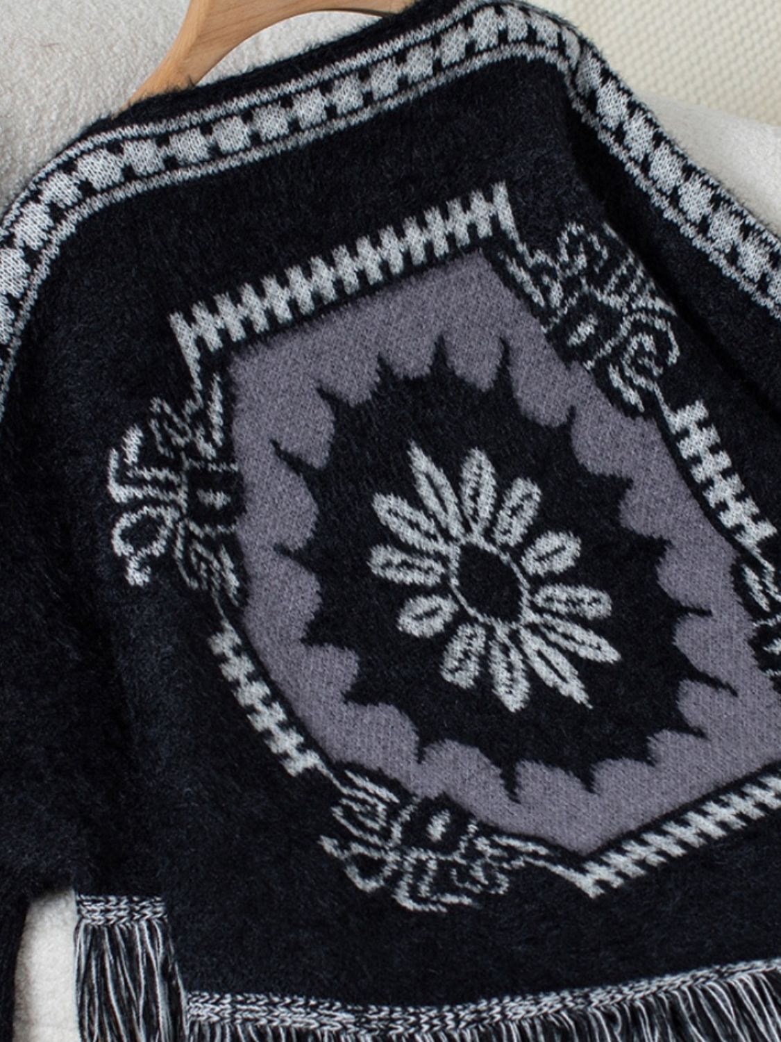 Fringe Geometric Long Sleeve Poncho - Charming Charlie