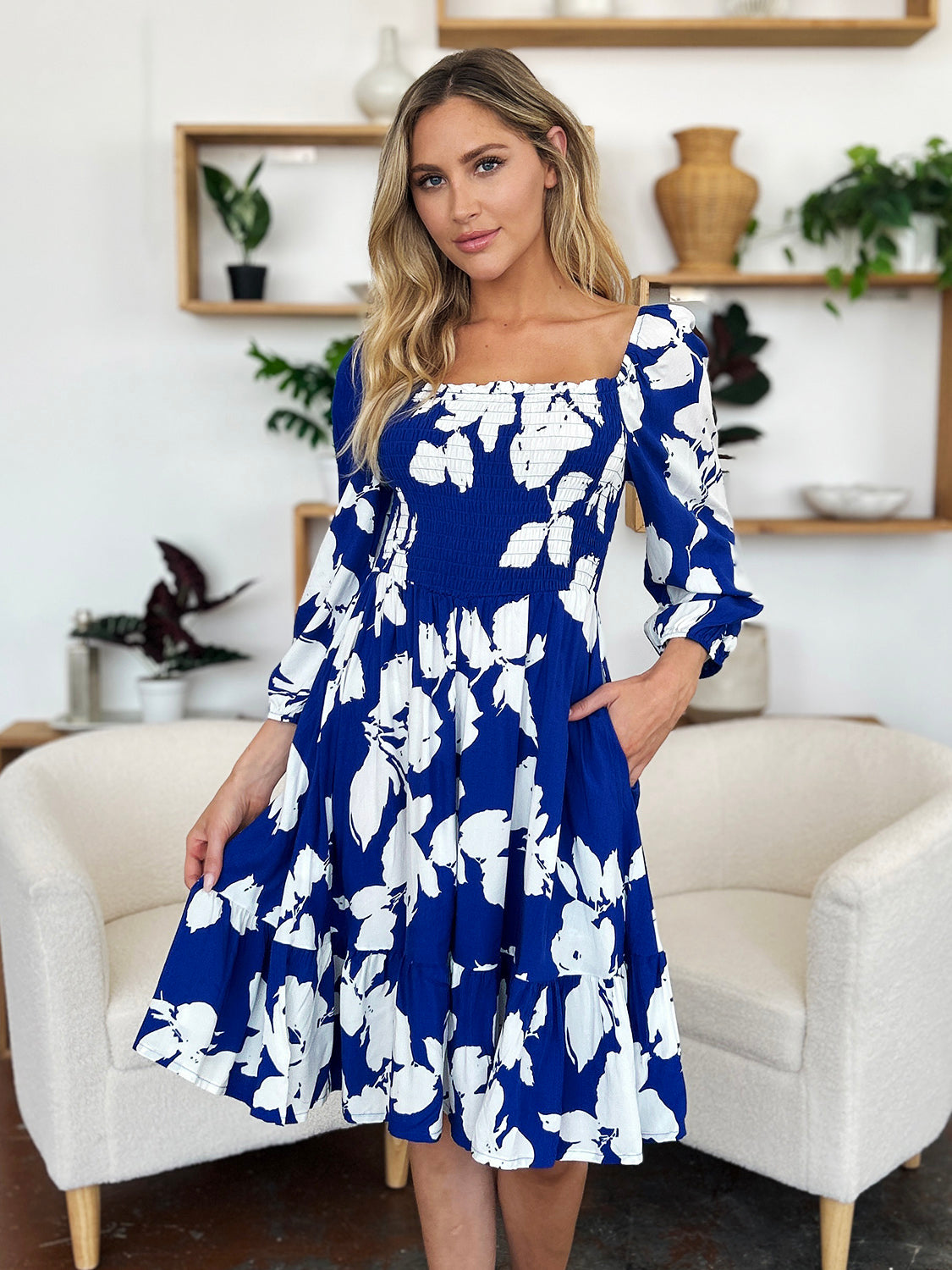 Double Take Full Size Floral Ruffle Hem Smocked Dress with Pockets - Charming Charlie