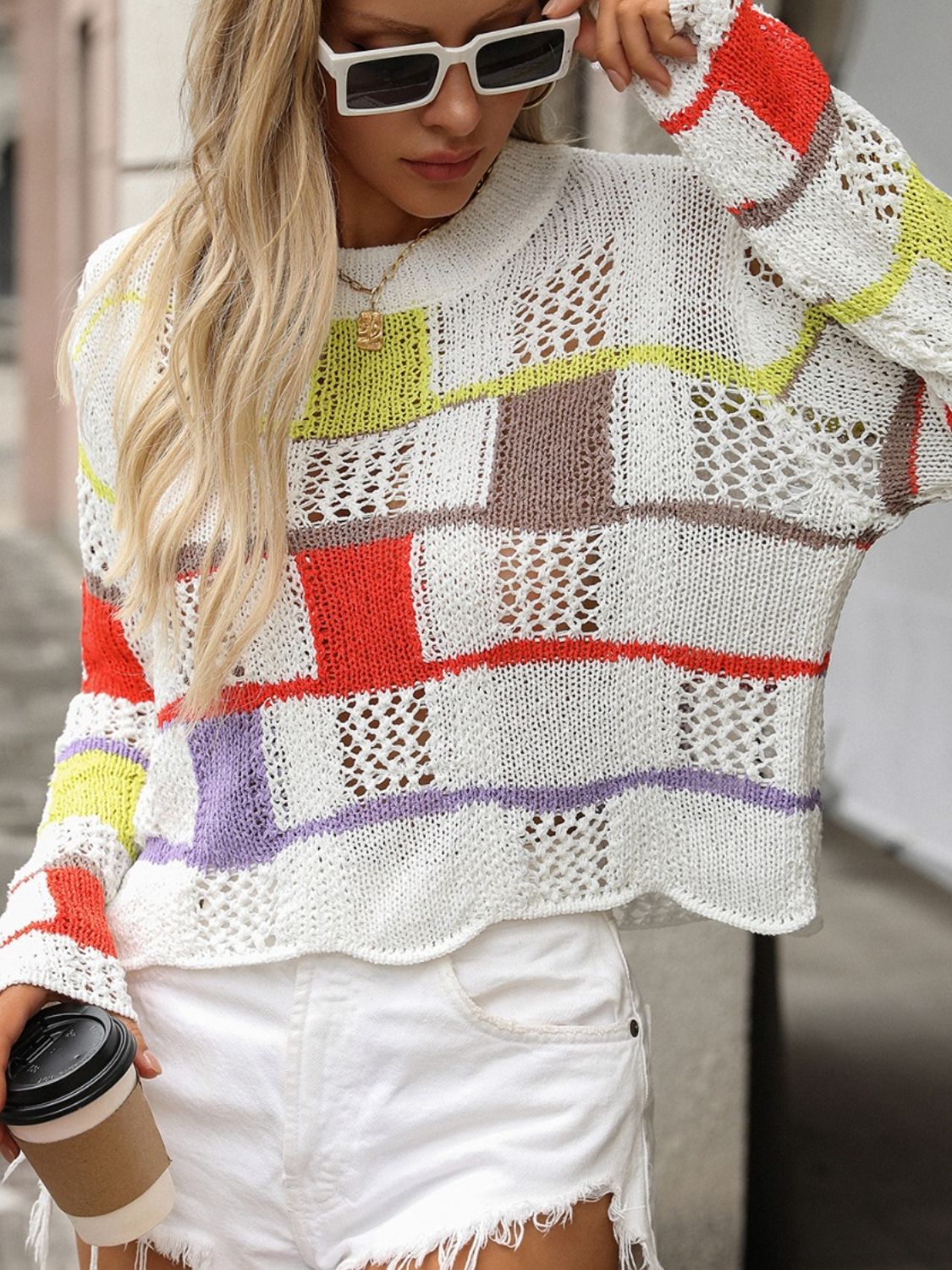 Openwork Color Block Round Neck Sweater - Charming Charlie