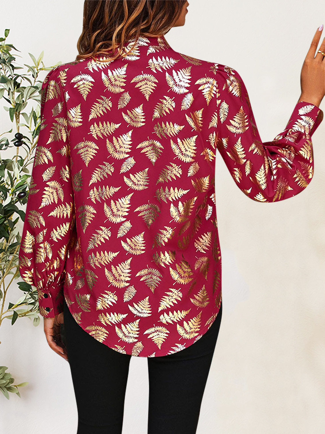 Printed Notched Long Sleeve Shirt - Charming Charlie