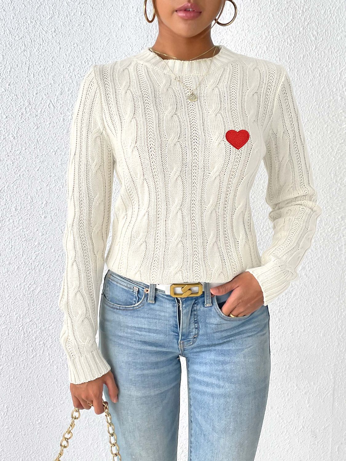 Cable-Knit Heart Round Neck Long Sleeve Sweater - Charming Charlie