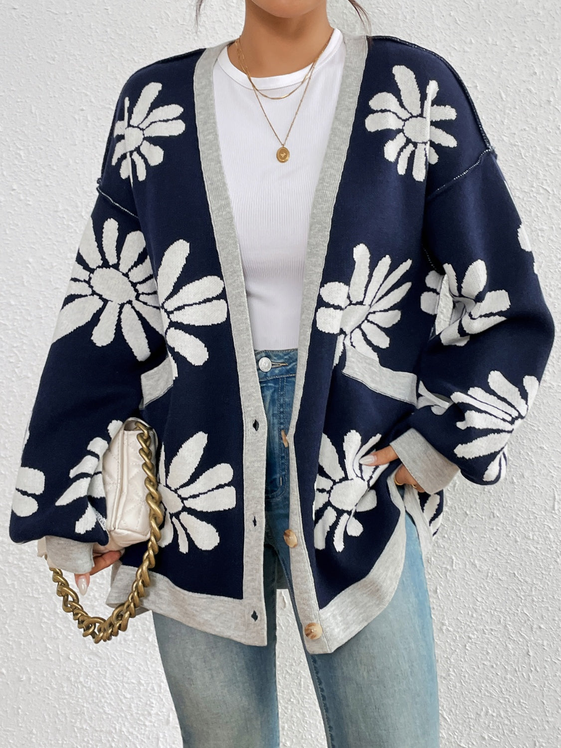 Contrast Dropped Shoulder Long Sleeve Cardigan - Charming Charlie