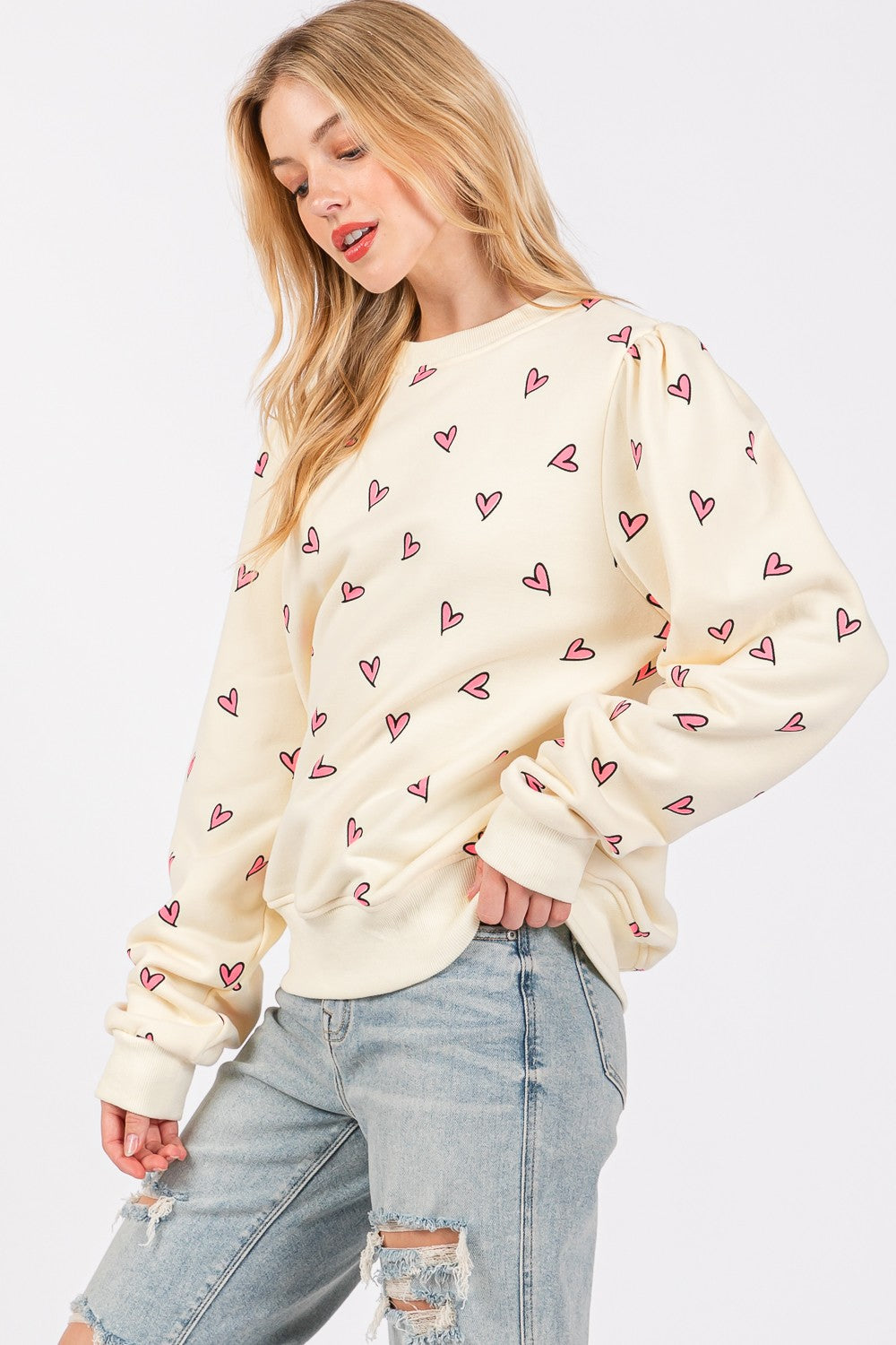 SAGE + FIG Heart Printed Contrast Long Sleeve Sweatshirt - Charming Charlie