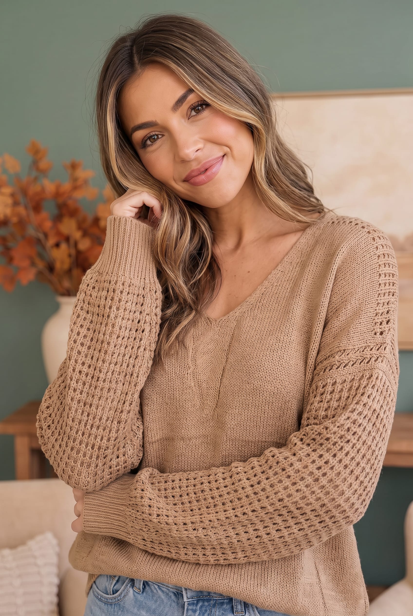 Cozy Caramel V-Neck Sweater with Crochet Sleeves - Charming Charlie