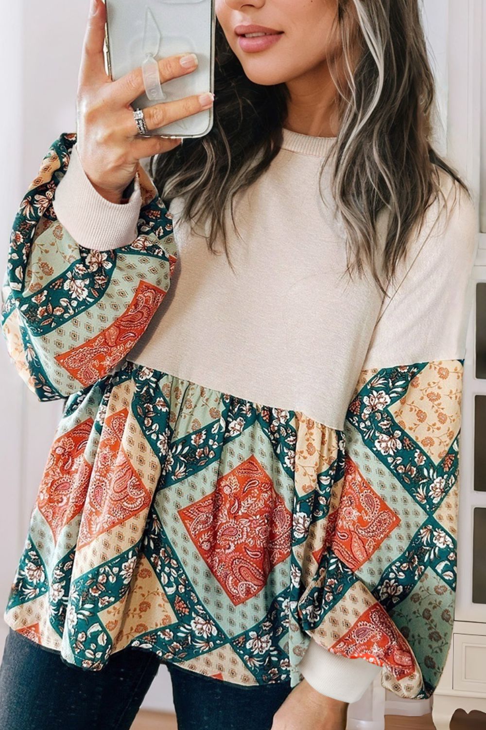 Printed Round Neck Long Sleeve Blouse - Charming Charlie