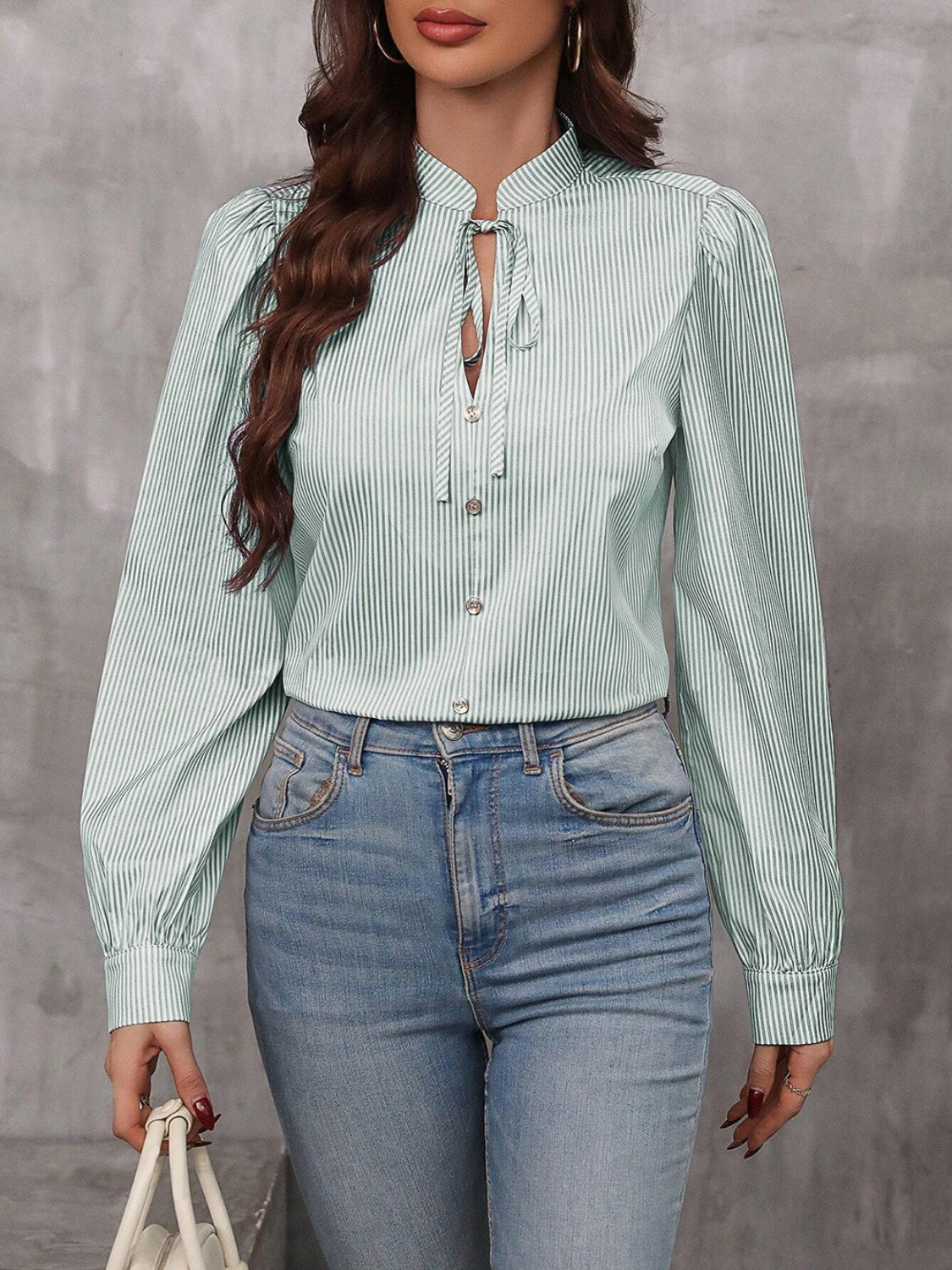Striped Tie Neck Long Sleeve Blouse - Charming Charlie
