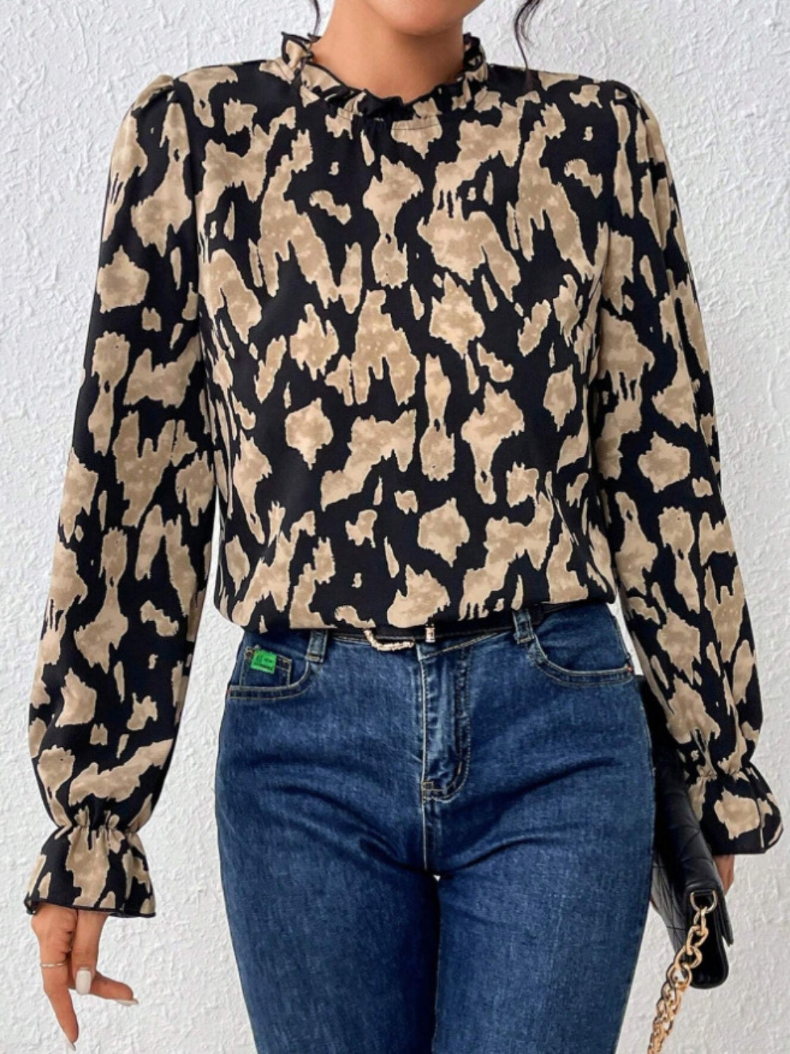 Frill Leopard Mock Neck Flounce Sleeve Blouse - Charming Charlie
