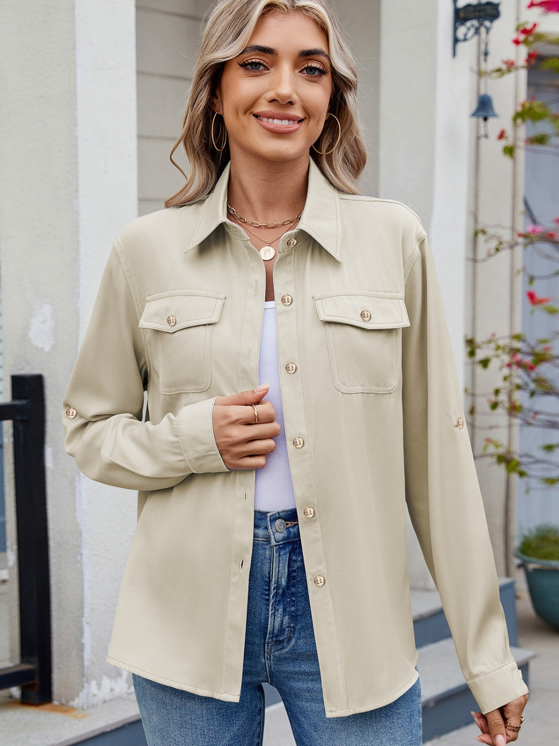 Solid Color Collared Neck Long Sleeve Shirt - Charming Charlie