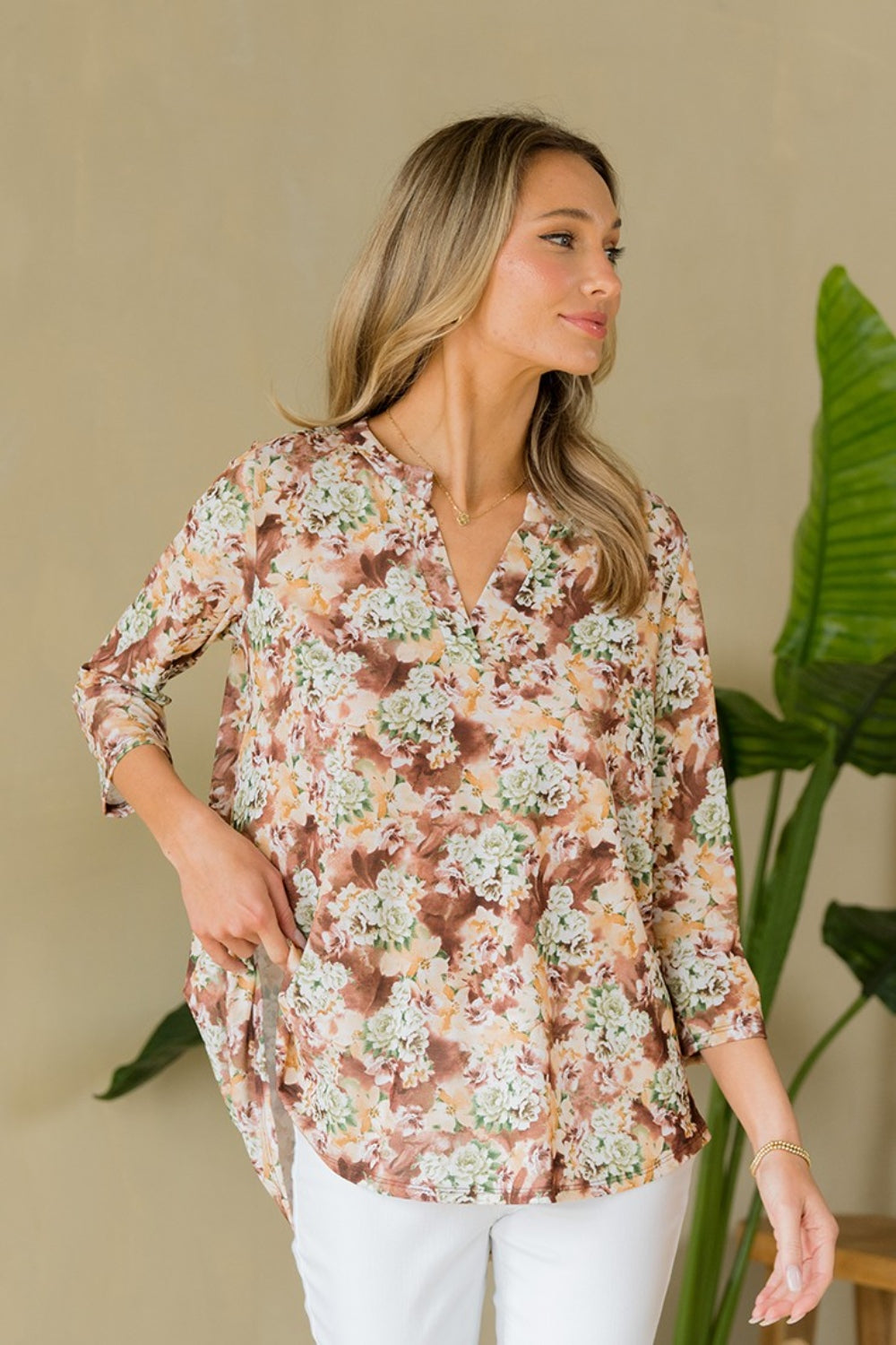 Sew In Love Full Size Wrinkle-Free Floral Notched Top - Charming Charlie