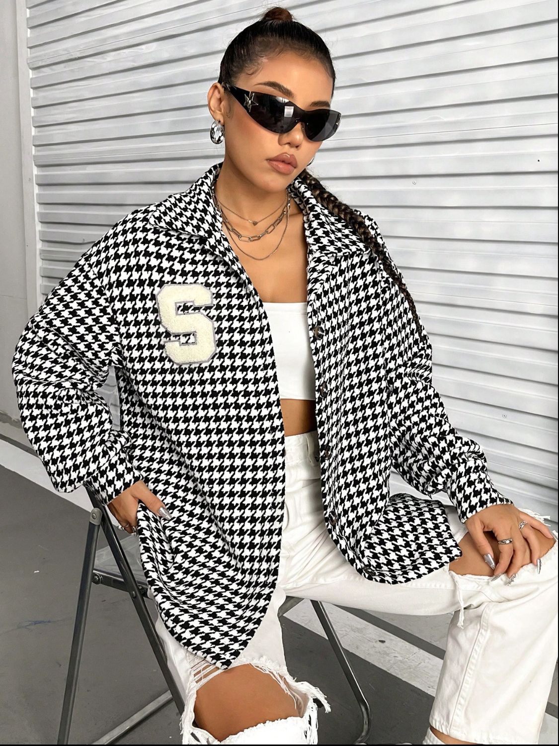 Houndstooth Button Down Long Sleeve Shacket - Charming Charlie