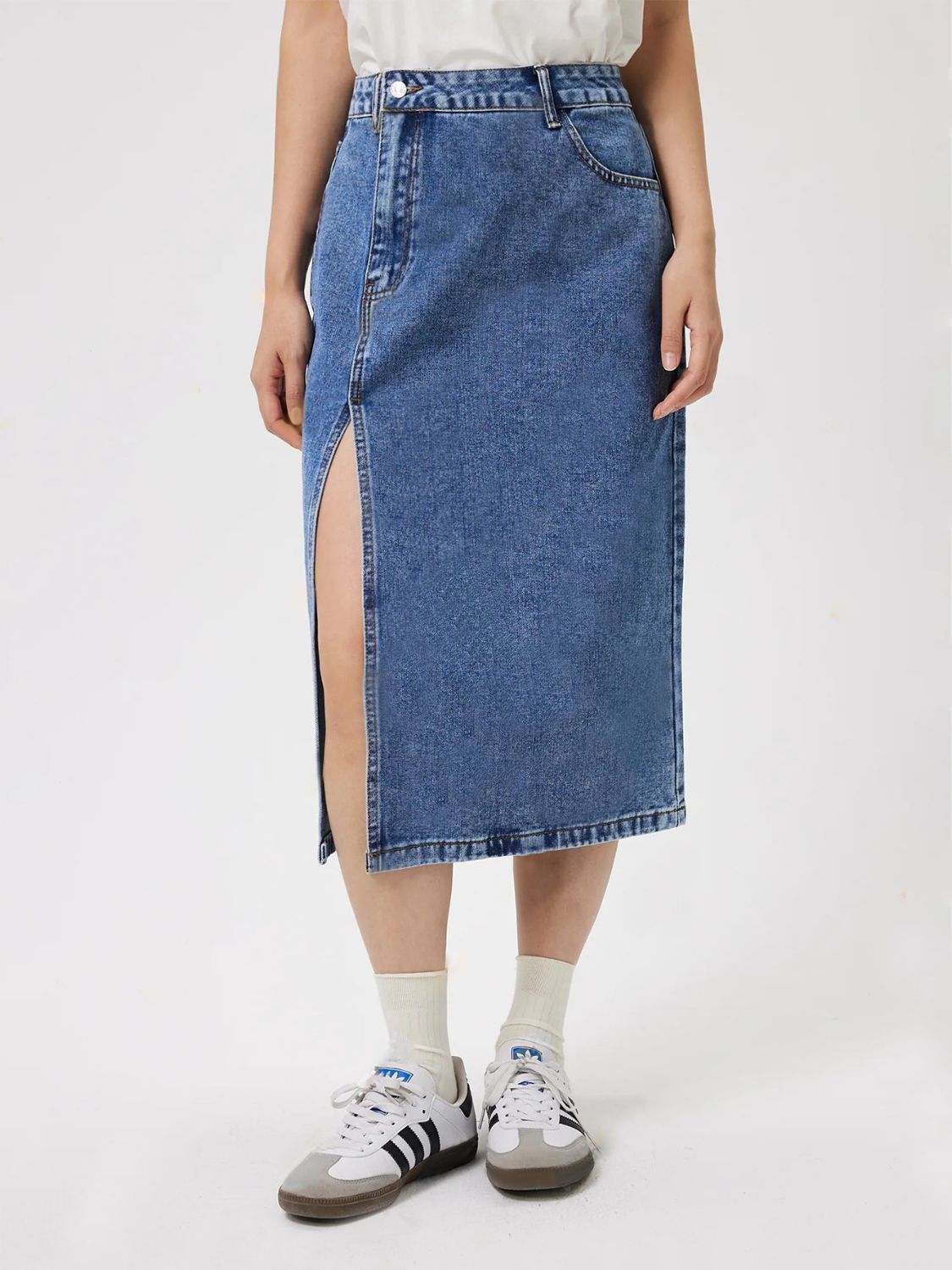 Slit Midi Denim Skirt with Pockets - Charming Charlie