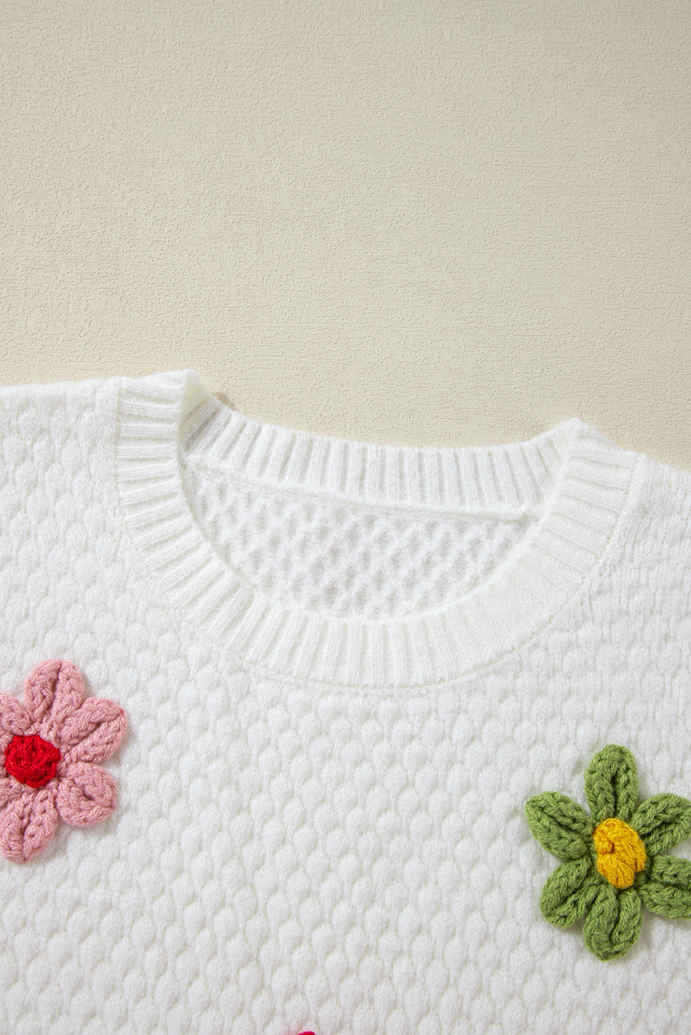 Crochet Flower Round Neck Long Sleeve Sweater - Charming Charlie