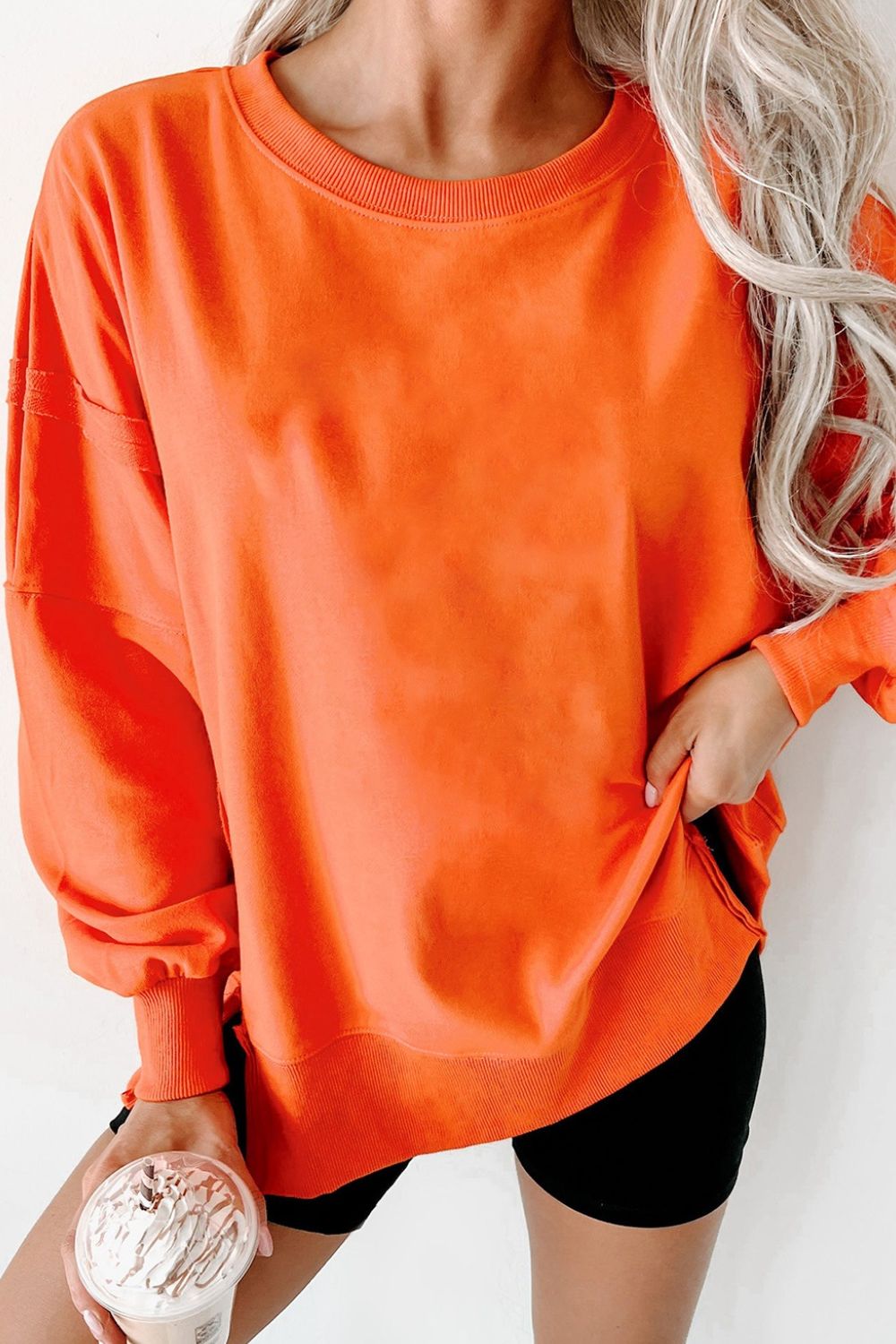 Side Slit Round Neck Long Sleeve Sweatshirt - Charming Charlie