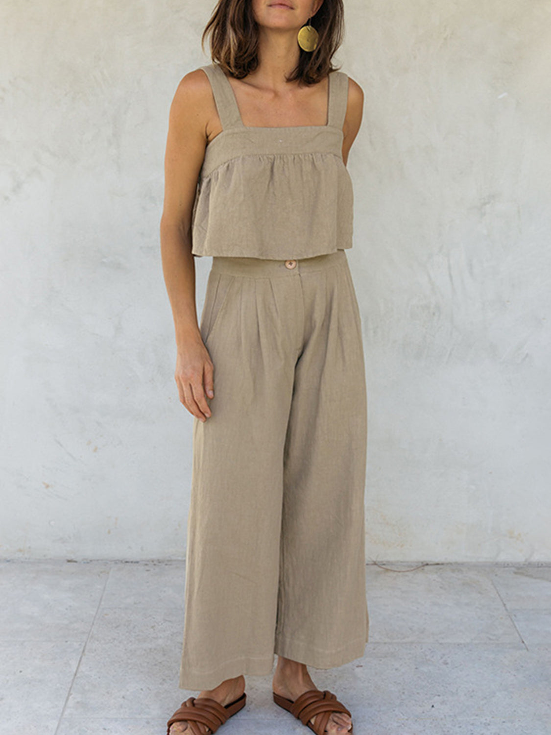Square Neck Wide Strap Top and Pants Set - Charming Charlie