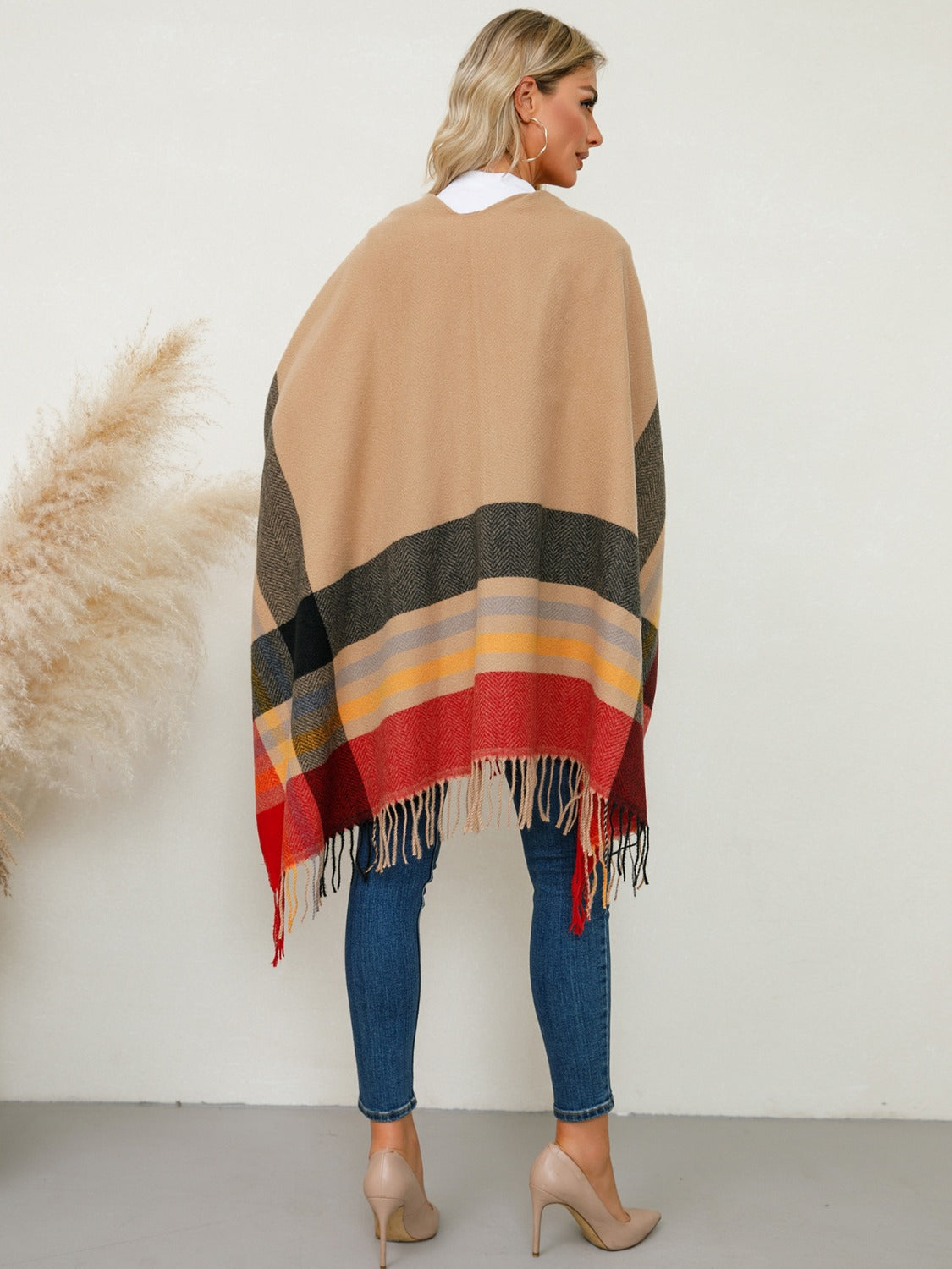 Fringe Contrast Plaid Poncho - Charming Charlie