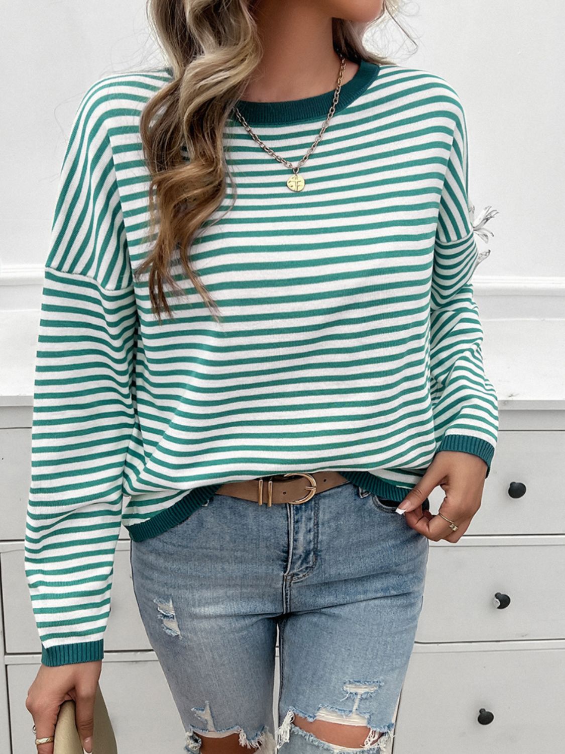 Striped Round Neck Dropped Shoulder Sweater - Charming Charlie