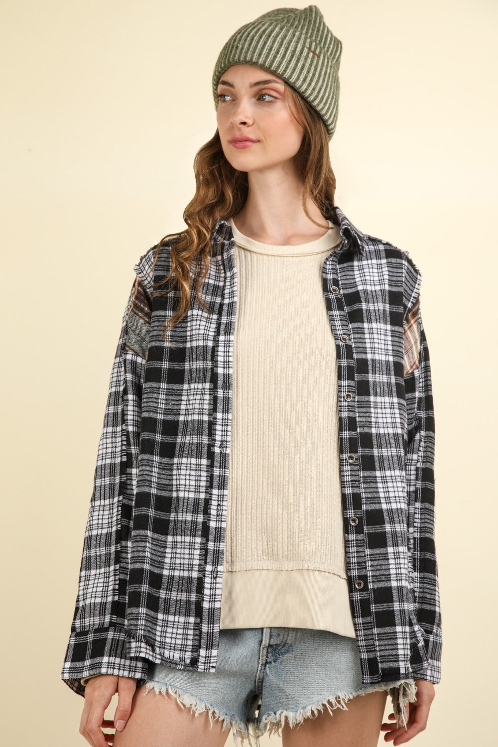 VERY J Contrast Plaid Raw Detail Shirt - Charming Charlie