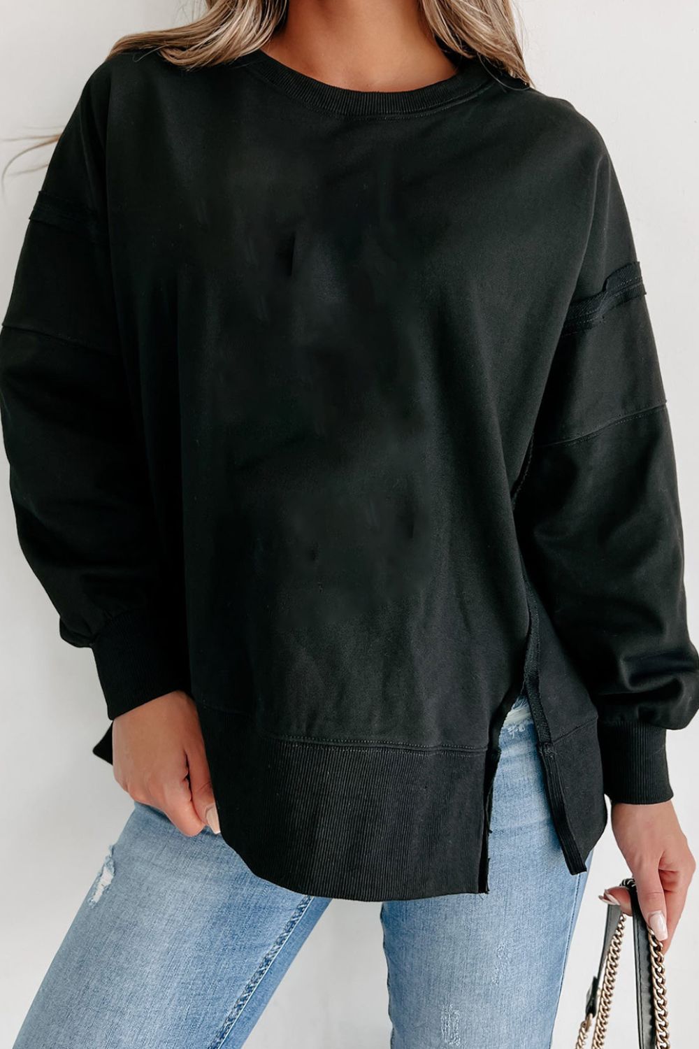 Side Slit Round Neck Long Sleeve Sweatshirt - Charming Charlie