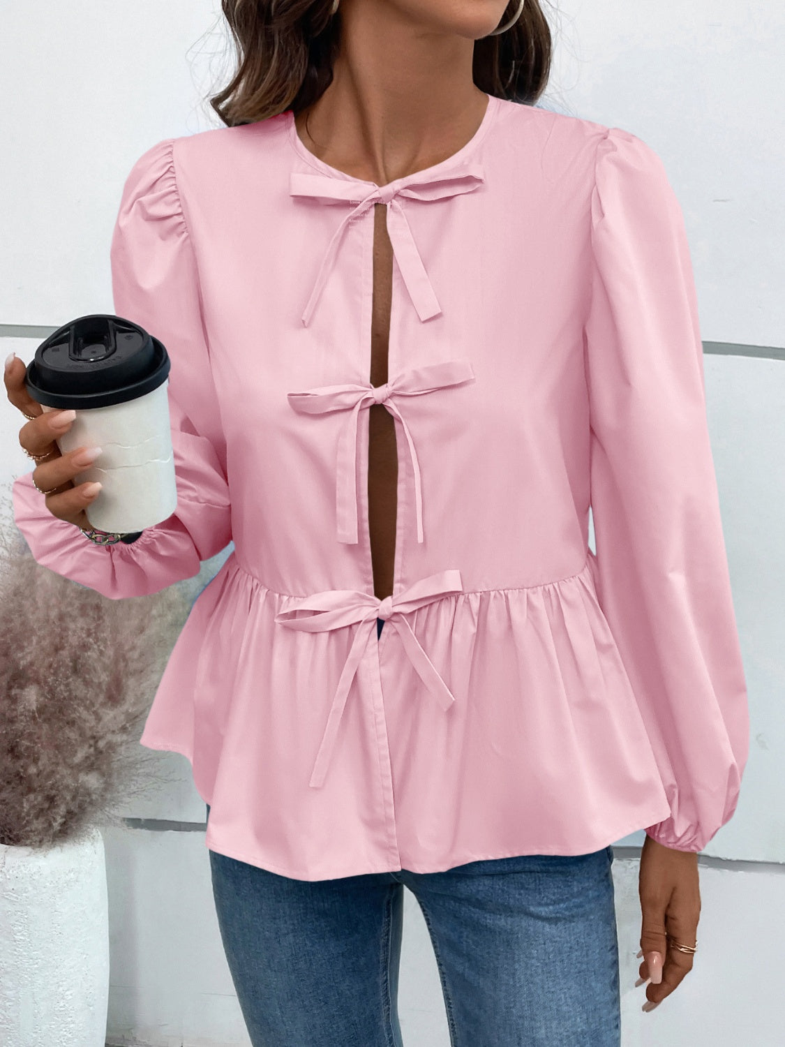 Peplum Tied Long Sleeve Blouse - Charming Charlie
