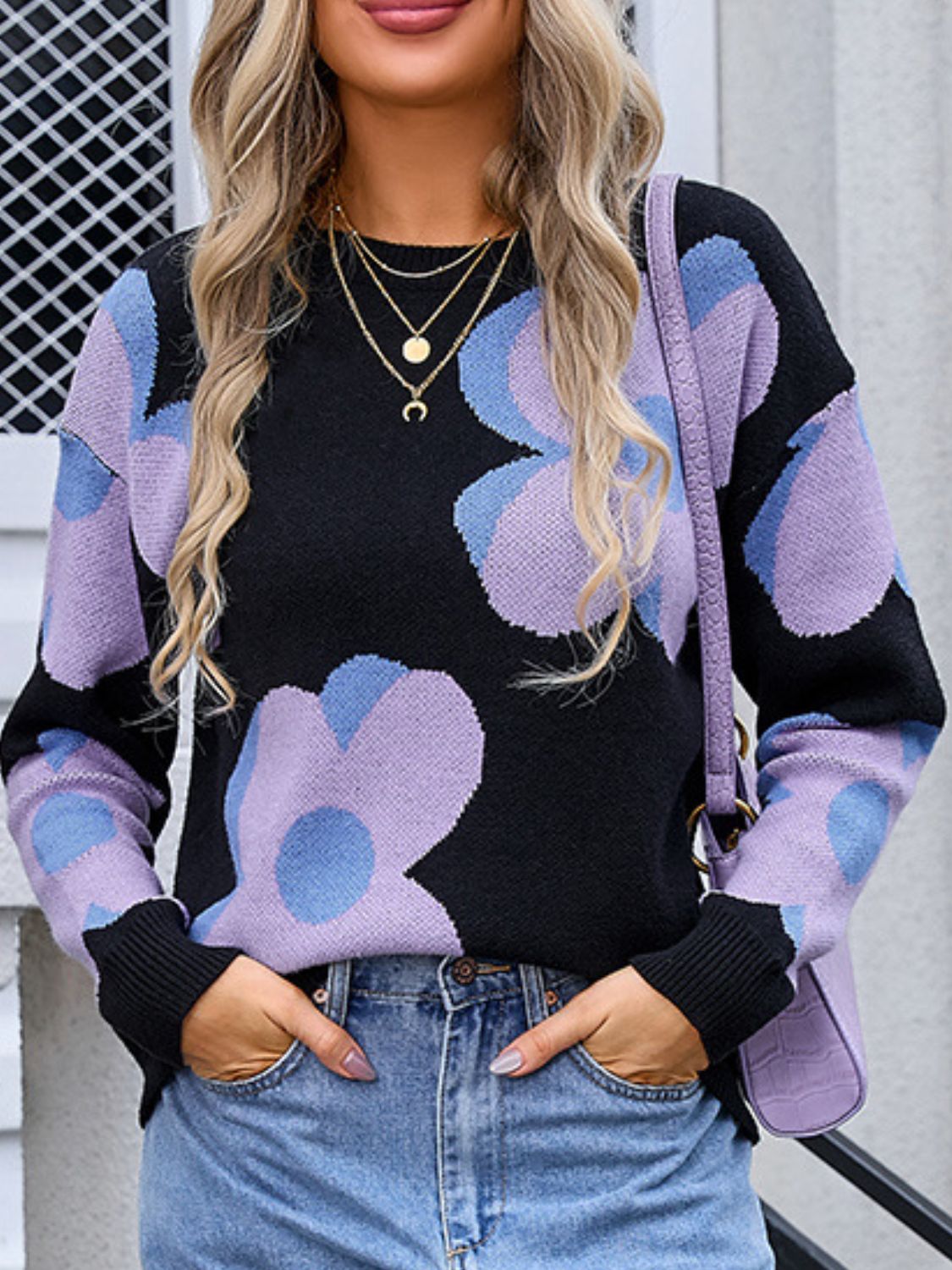 Flower Round Neck Long Sleeve Sweater - Charming Charlie