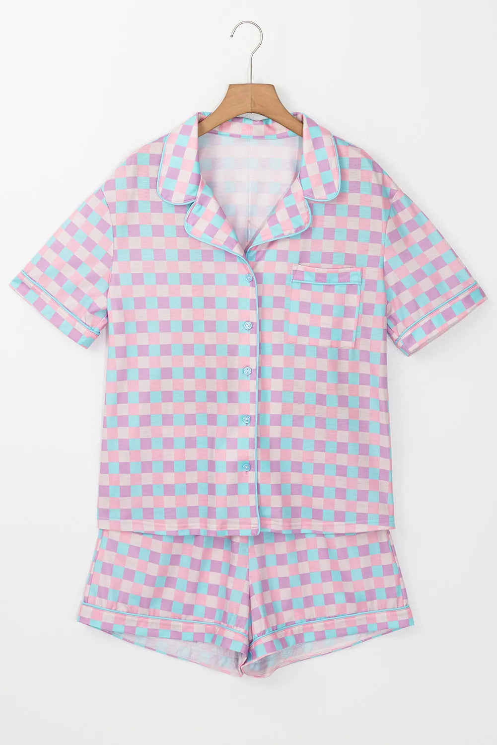 Plaid Collared Neck Short Sleeve Top and Shorts Lounge Set - Charming Charlie