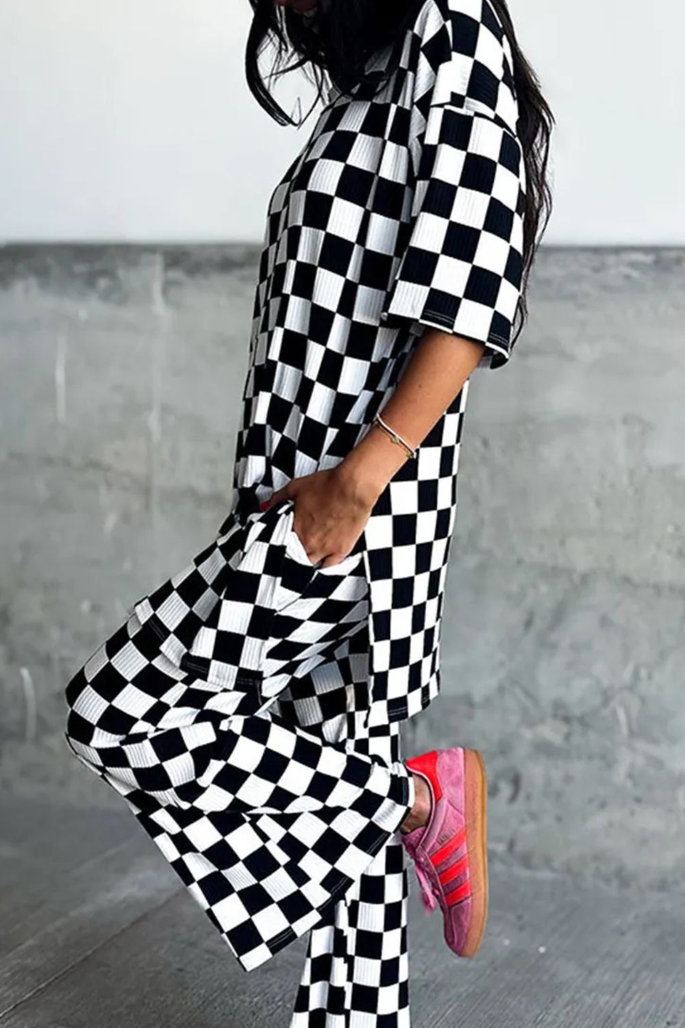Checkered Round Neck Half Sleeve Top and Pants Set - Charming Charlie