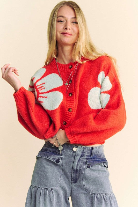 Davi & Dani Flower Contrast Round Neck Long Sleeve Cardigan - Charming Charlie