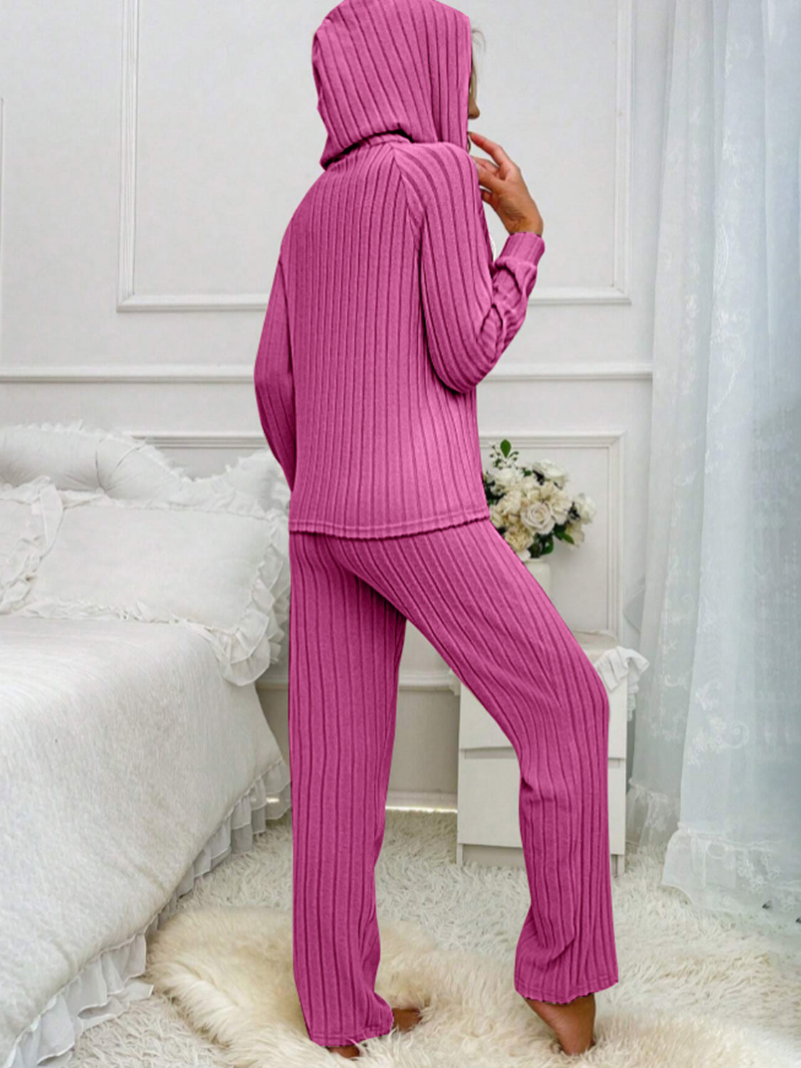 Drawstring Half Button Hooded Top and Ribbed Pants Set - Charming Charlie