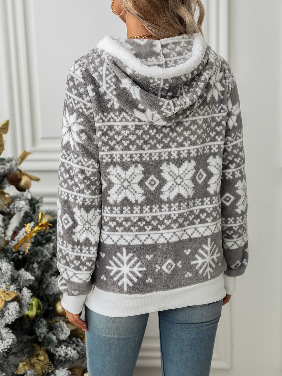 Drawstring Snowflake Zip Up Hooded Outerwear - Charming Charlie