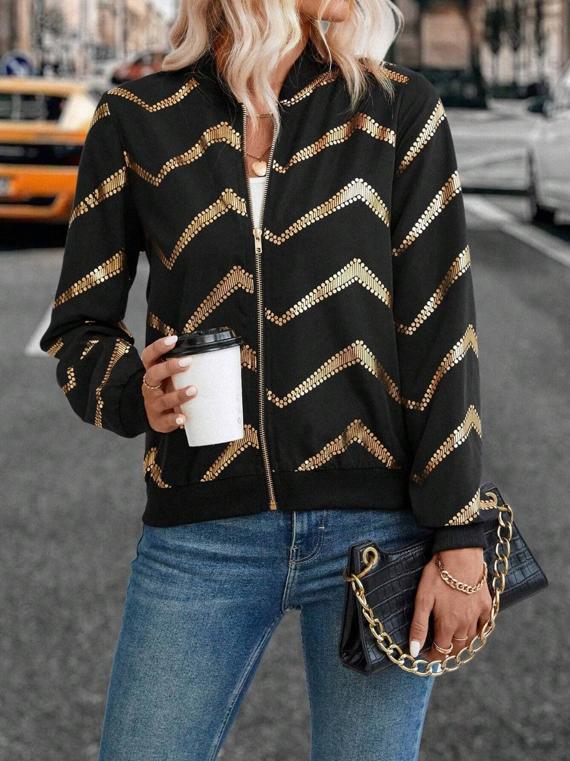 Printed Baseball Collar Zip Up Jacket - Charming Charlie