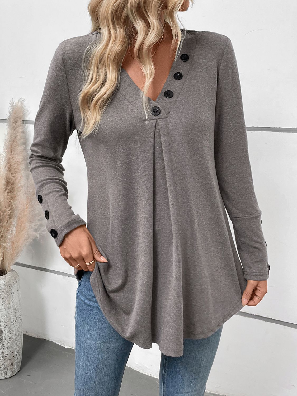 Perfee V-Neck Long Sleeve T-Shirt - Charming Charlie